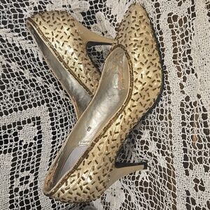 Vintage 80s Flings Metallic Gold Sprinkle Beads Heels Pumps B B fun party sexy